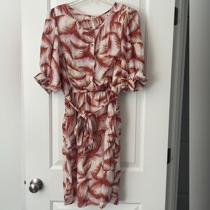 Anthropologie Brown Pink and Cream Leaf Print Midi Dress